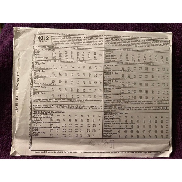 McCalls Sewing pattern4012 top pants in 2 lengths sewing pattern - Picture 3 of 6